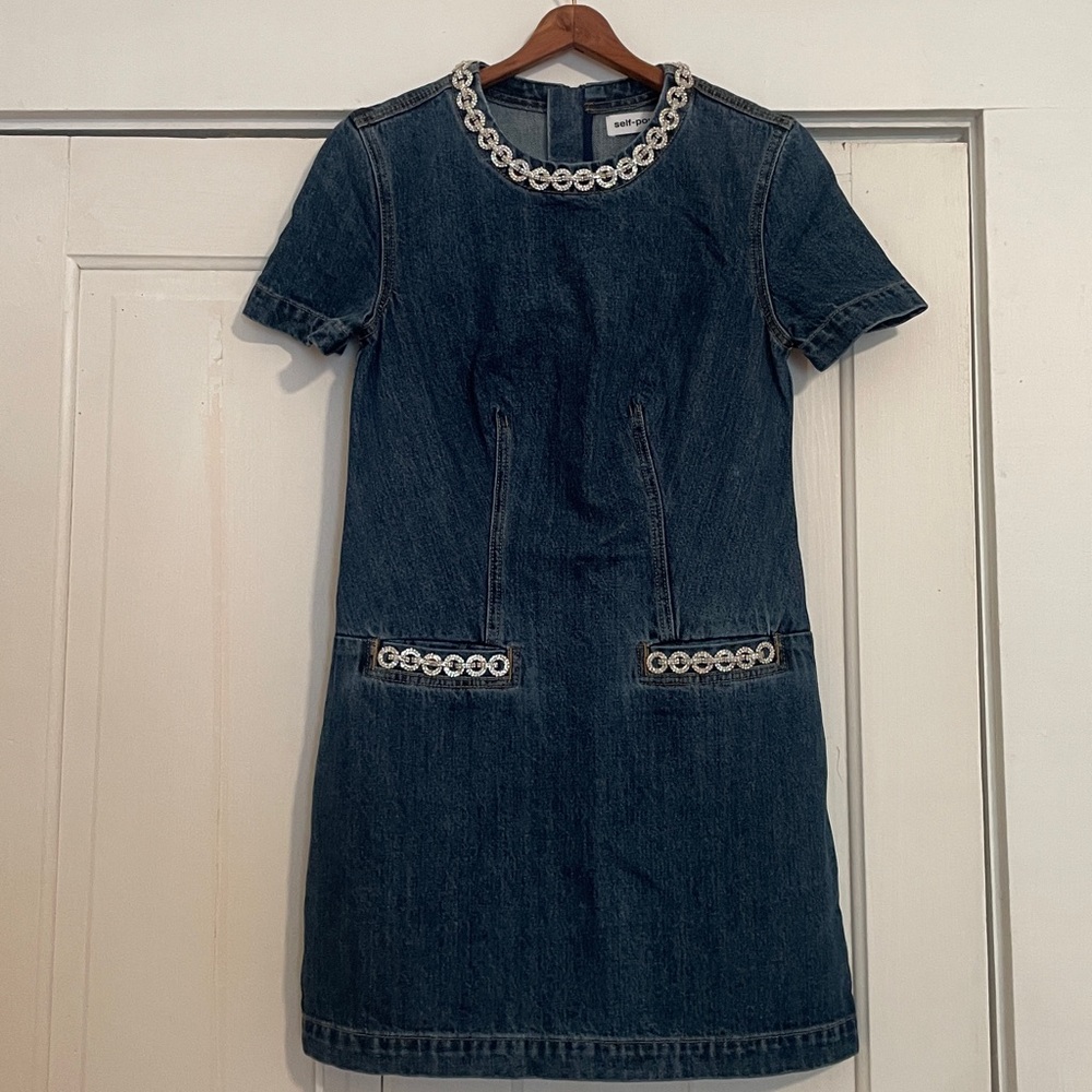 New Self Portrait Denim Crystal Trim Mini Dress size 4 - Picture 3 of 13